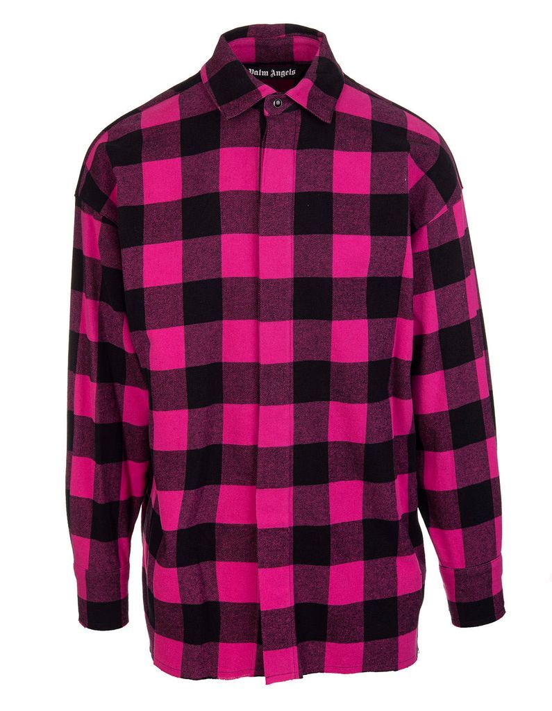 Man Shirt With Curved Logo And Black And Fuchsia Checkered Pattern