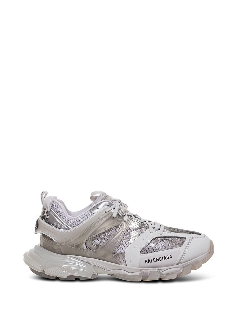 White Leatheret And Mesh Track Sneakers