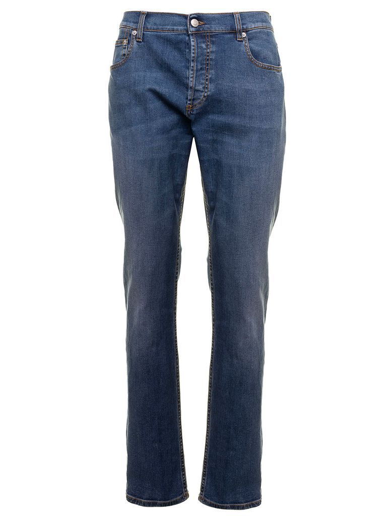Blue Denim Jeans With Embroidered Logo Alexander Mcqueen Man