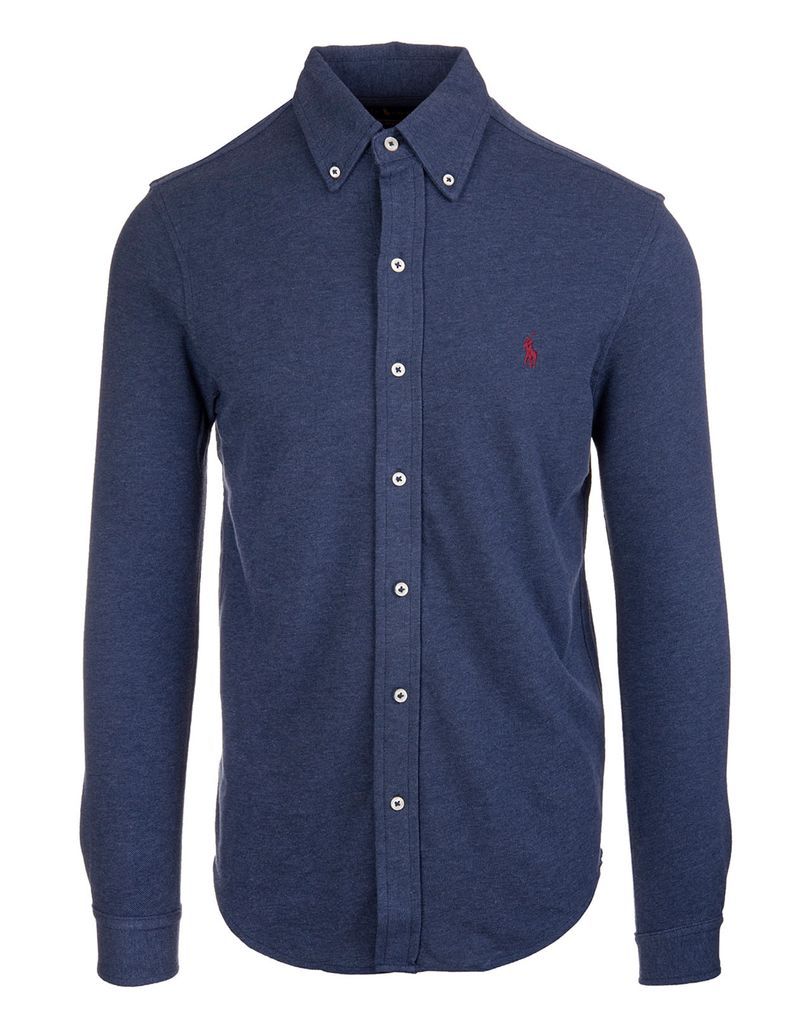 Man Dark Blue Slim Fit Shirt In Ultralight Cotton Pique With Red Pony