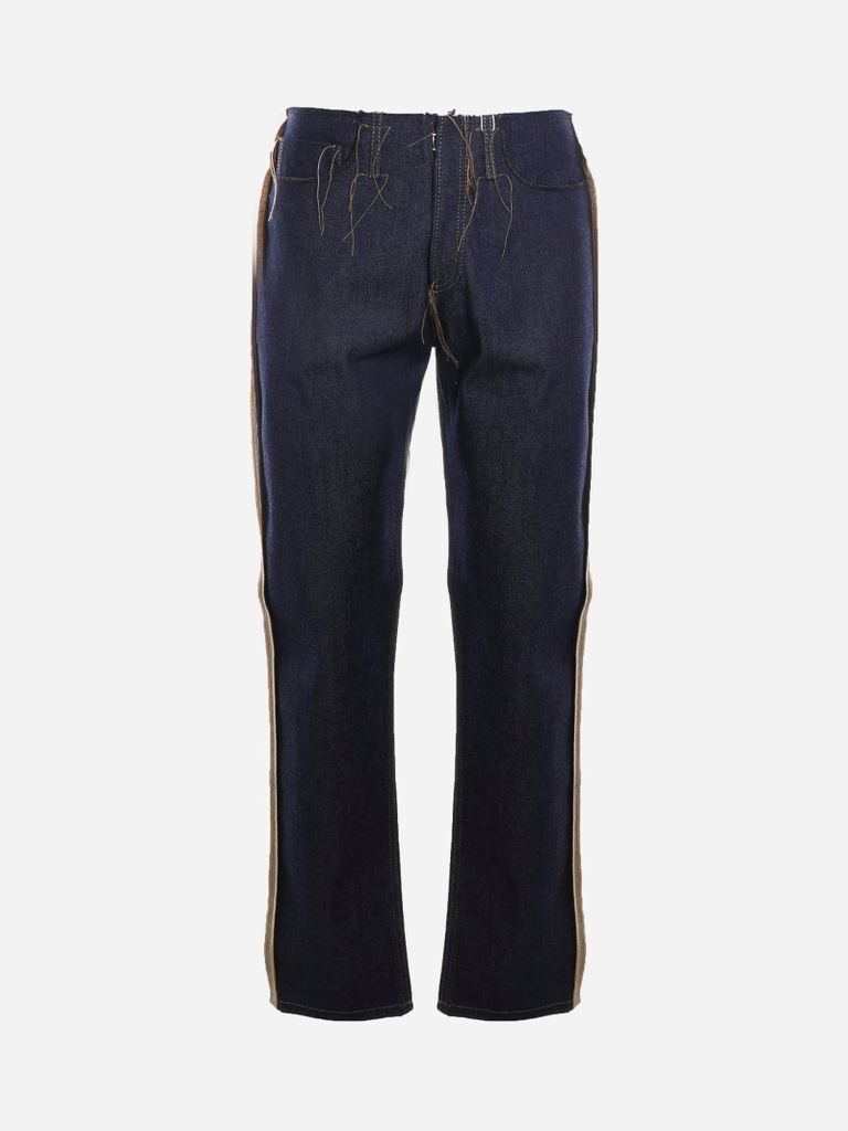 Cotton Jeans With Contrasting Side Bands And Raw Cuts