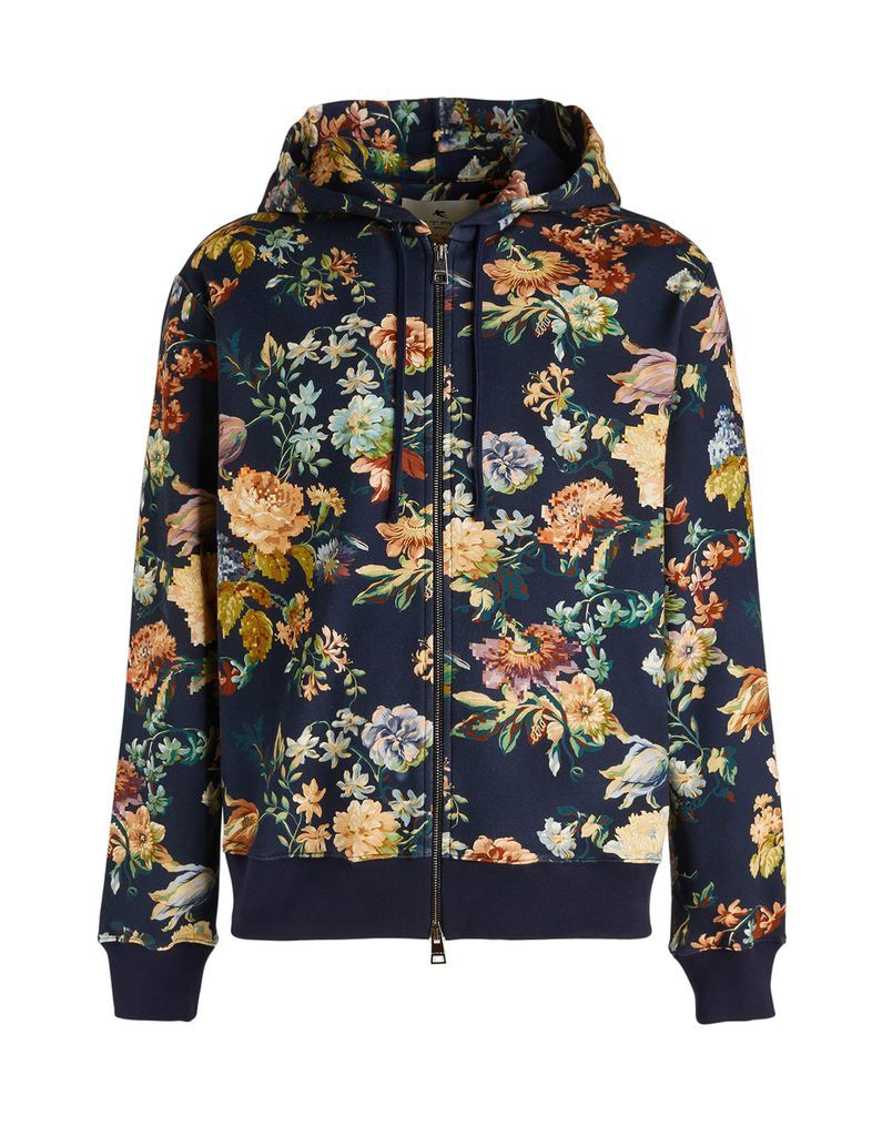 Man Navy Blue Zipped Hoodie With Floral Print