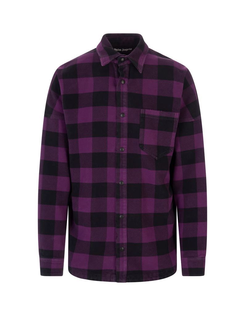 Man Oversize Shirt In Purple And Black Checked Cotton With Logo