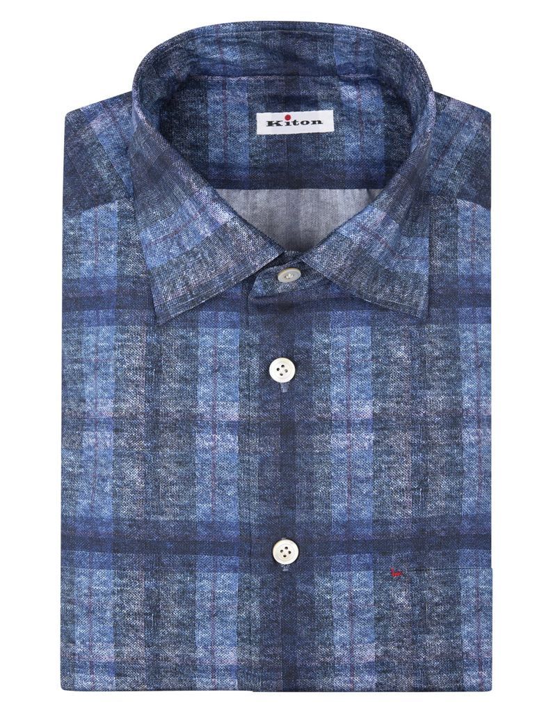Man Shirt In Blue Check Printed Cotton