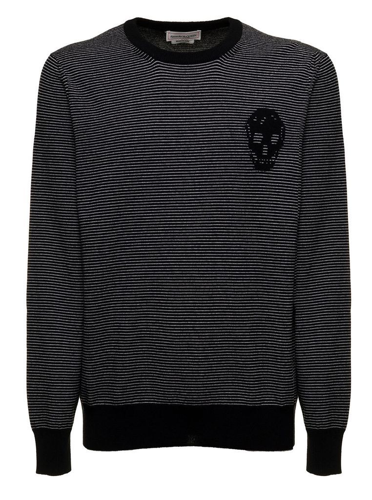 Mens Grey And Black Striped Cashmere Sweater With Logo