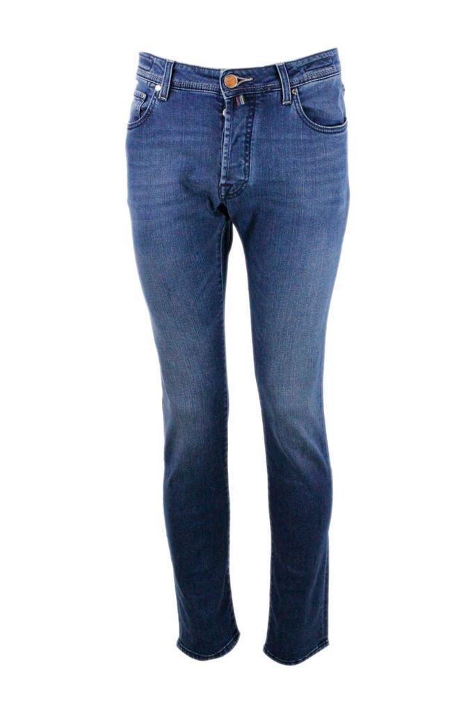 Natural Indigo 5-pocket Stretch Denim Jeans With Buttons And Stitching In Contrasting Color, Pony Skin With Logo