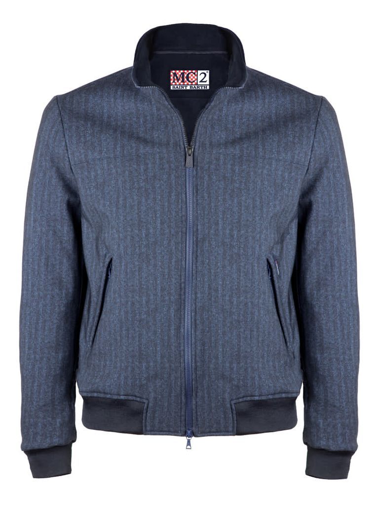 Blue Herringbone Printed Mid Season Jacket Wool Effect