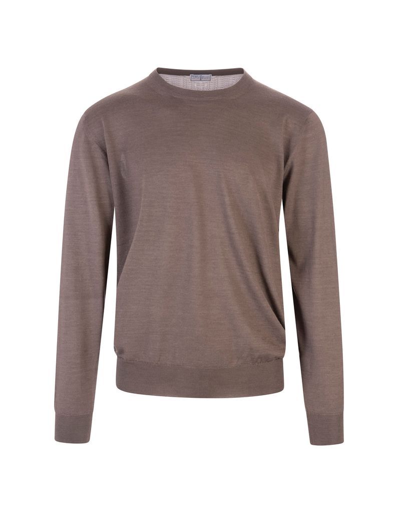 Man Round Neck Pullover In Taupe Cashmere And Silk