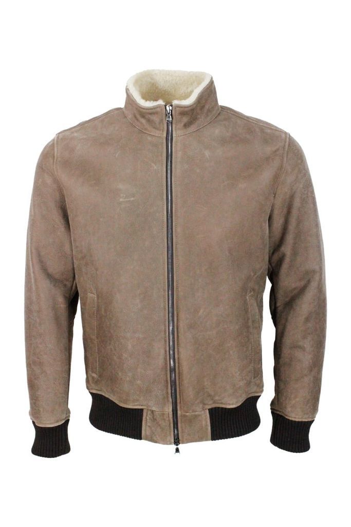 Bomber Shearling Shearling Jacket With Stretch Knit Trims And Zip Closure