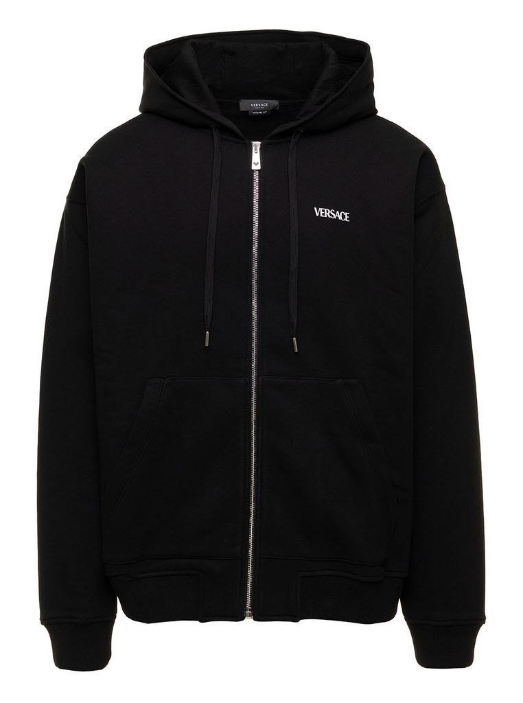Black Zipped Hoodie With Print And Embroidered Ornaments In Cotton Man Versace