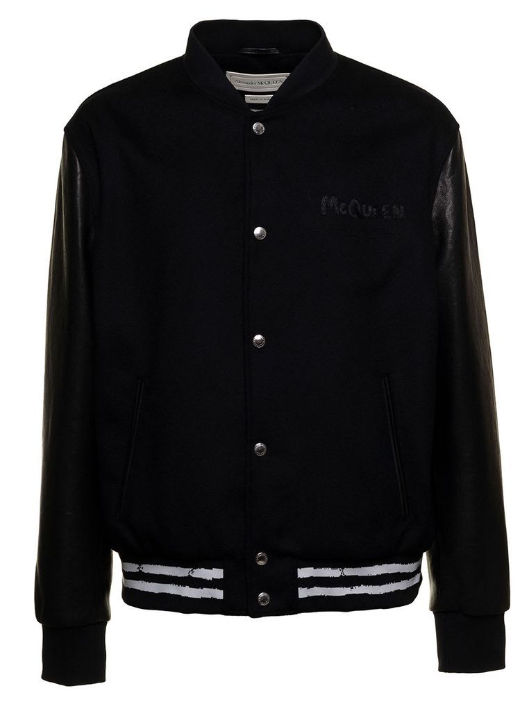 Mans Black Bomber Wool And Leather Jacket