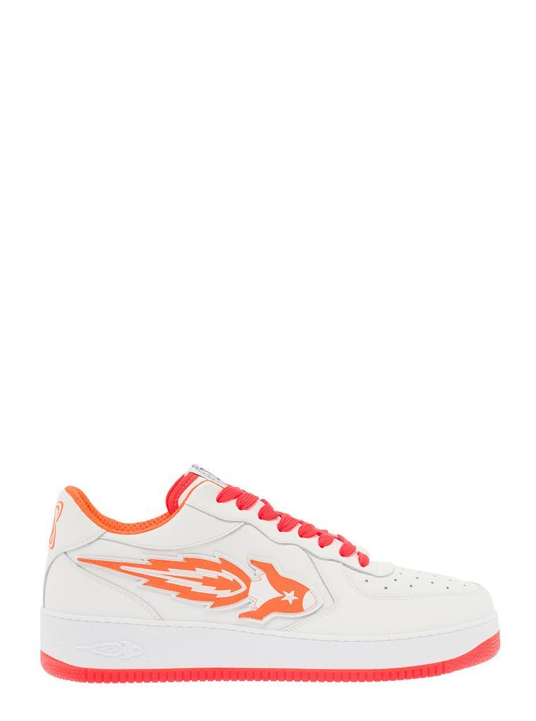 Mans White And Orange Leather Low Sneakers