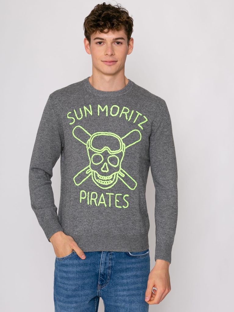 Man Grey Sweater Sun Moritz Pirates Fluo Embroidery
