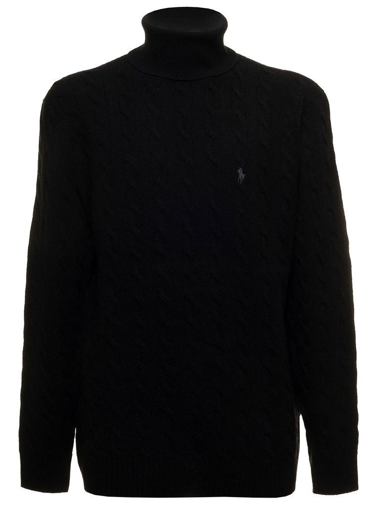 Black Turtleneck In Cable Wool And Cashmere Knit With Contrast Logo Embroidery On The Chest Polo Ralph Lauren Man