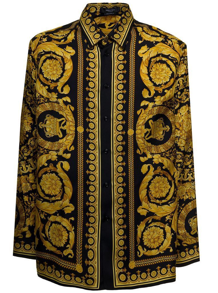 Barocco Gold And Black Shirt In Silk Twill With Allover Printed Pattern Versace Man
