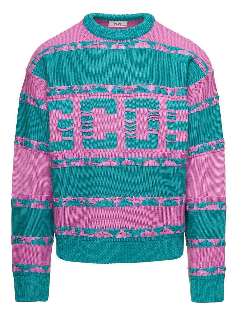 Green And Pink Striped Logo Crewneck Sweater With Inside Out Jacquard In Wool Blend Man Gcds