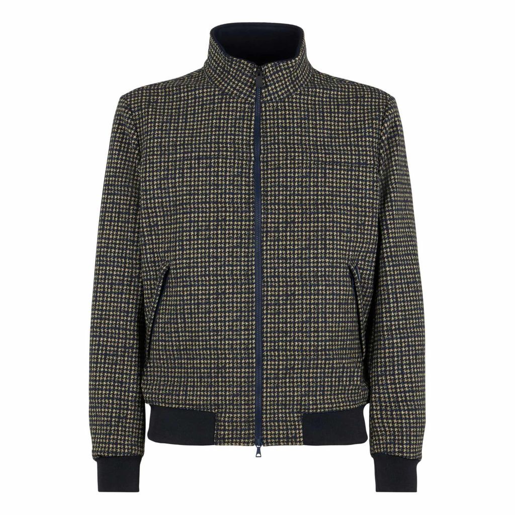 Blue Houndstooth Checked Mid Season Jacket Wool Effect