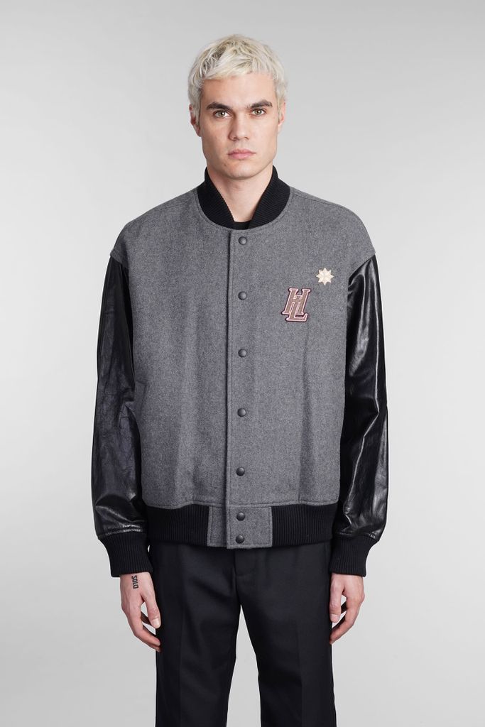 Bomber In Grey Leather And Fabric