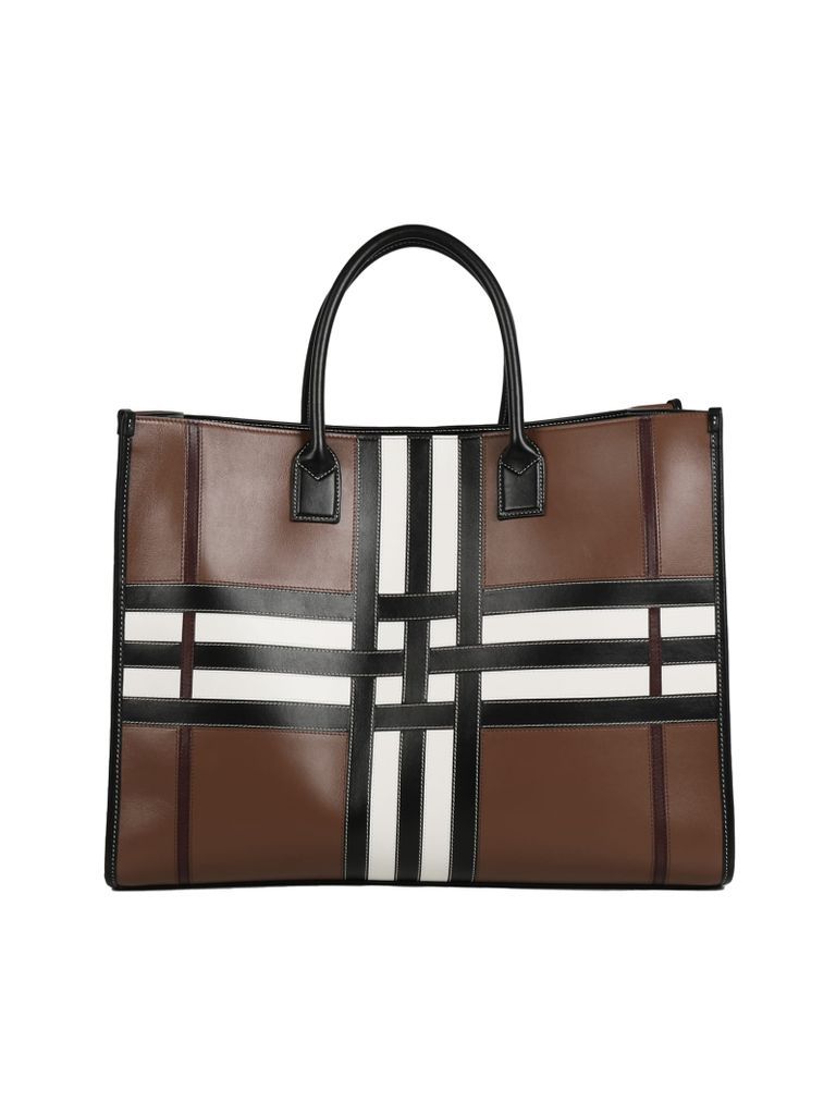 Leather And Fabric Tote With Tartan Pattern