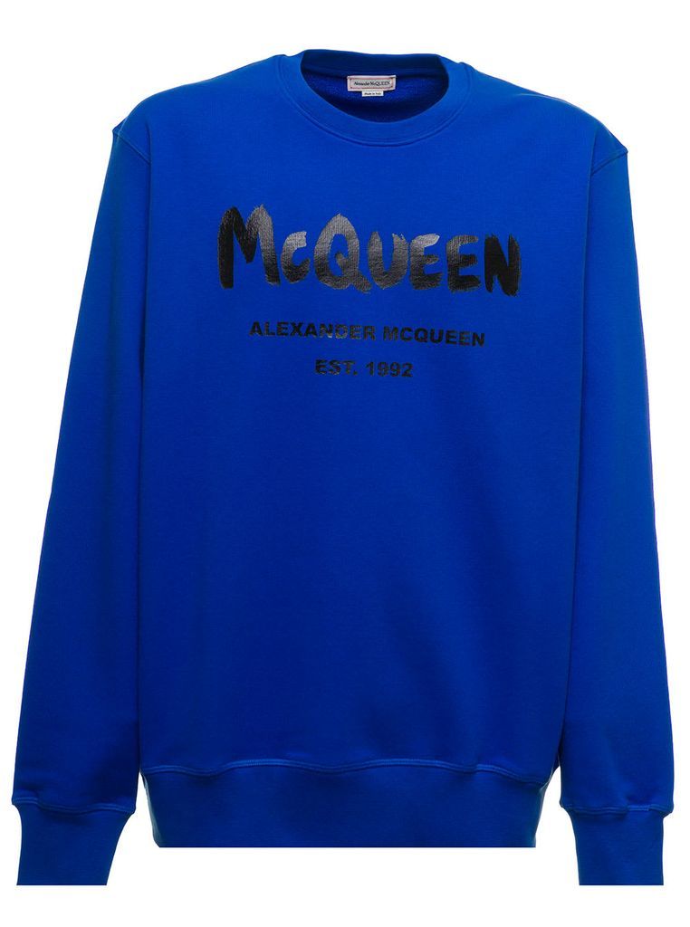 Blue Sweatshirt In Fleece Cotton With Tonal Logo Print On The Front Man