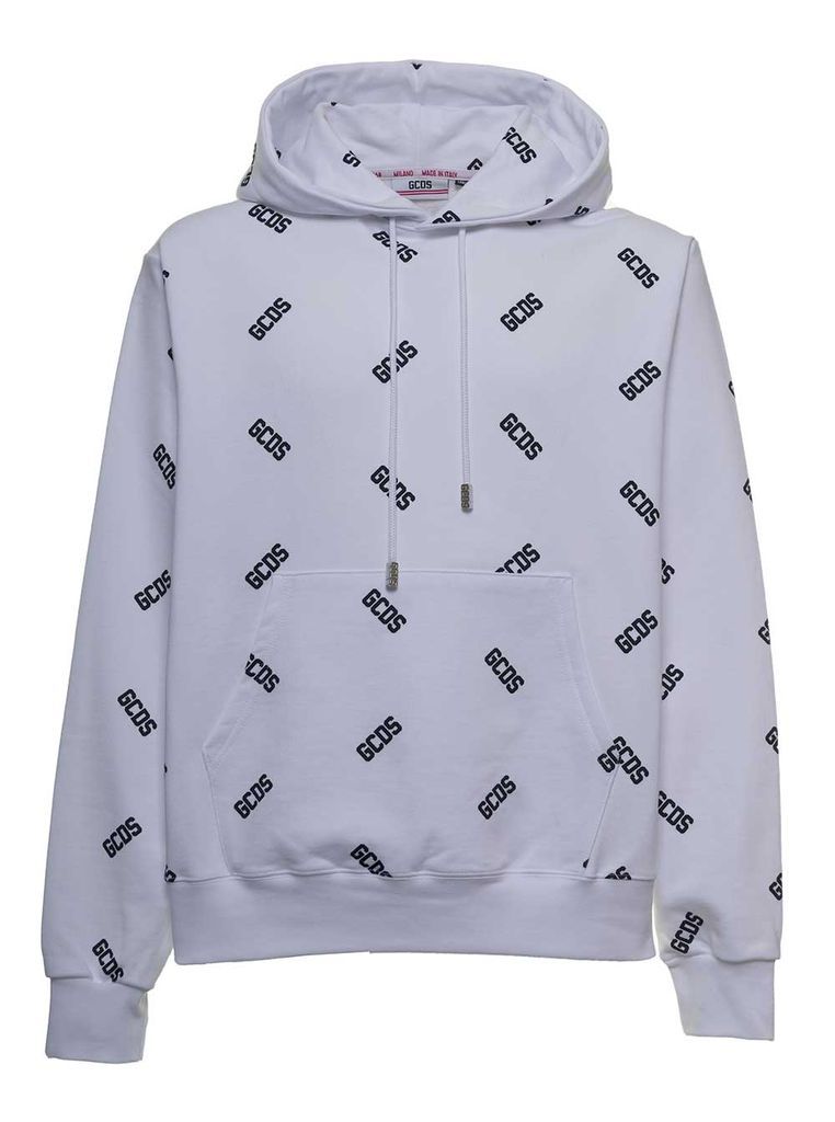 White Cotton Hoodie With Allover Logo Print