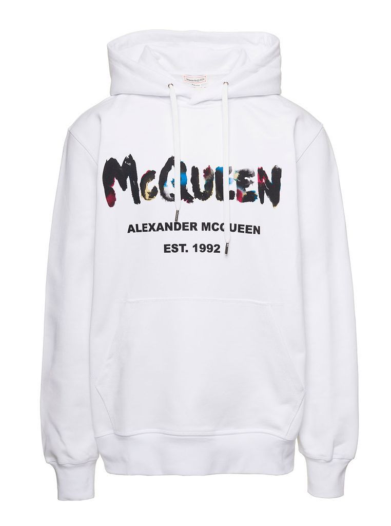 White Hoodie With Logo Print In Cotton Man