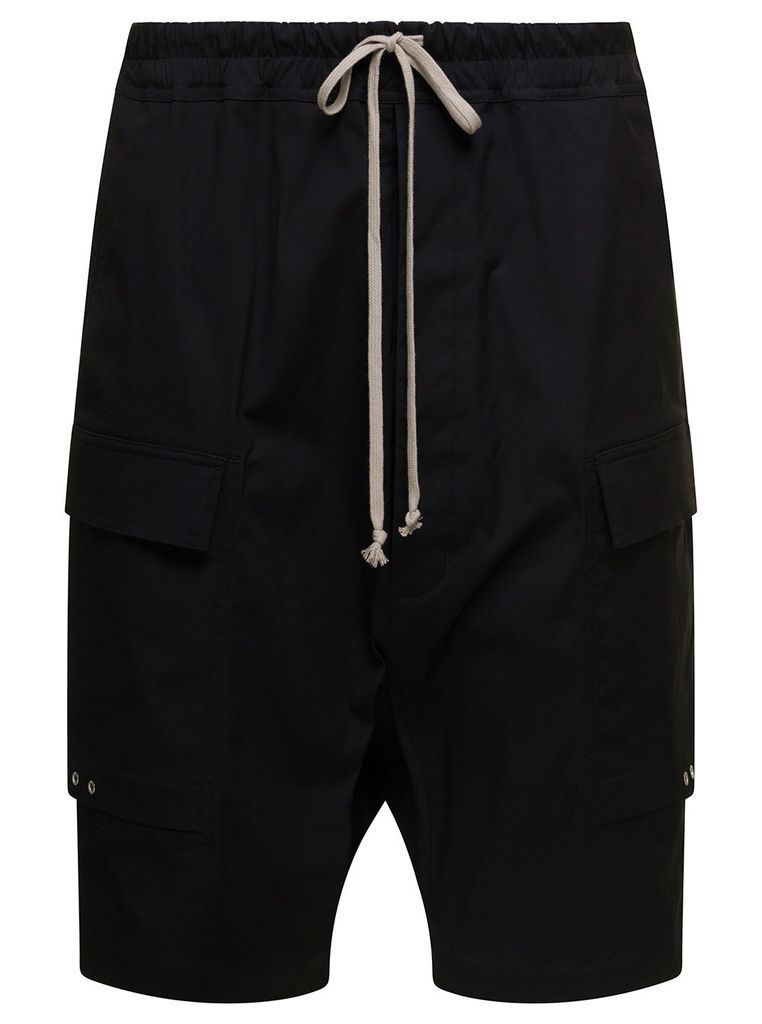 Black Cargo Shorts With Patch Pockets And Drawstring In Stretch Cotton Man