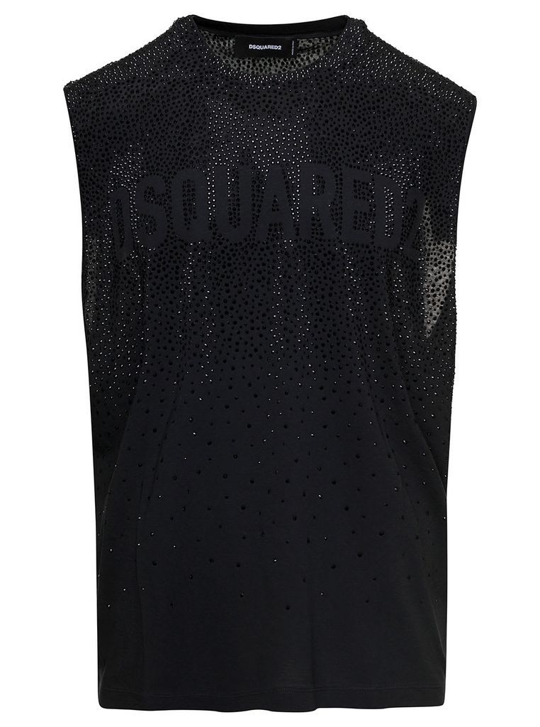 Black Rhinestone Embellished Tank Top With Lettering Print In Cotton Man