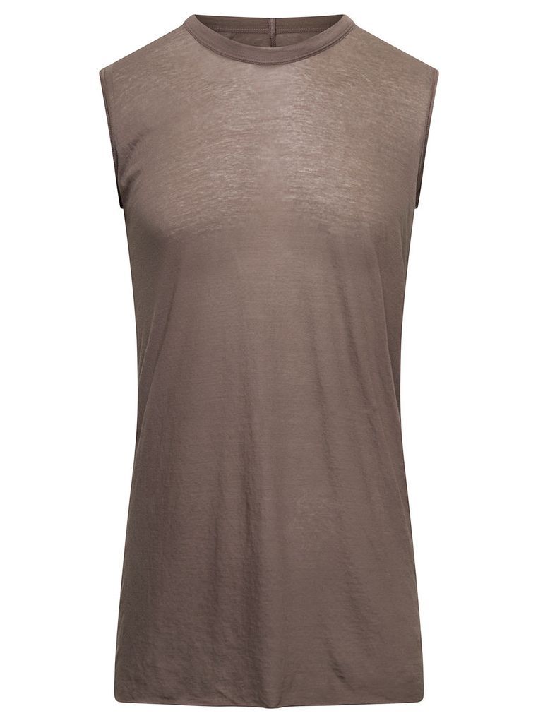 Long Beige Ribbed Sleeveless Top With Raw Cut Hem In Light Cotton Man