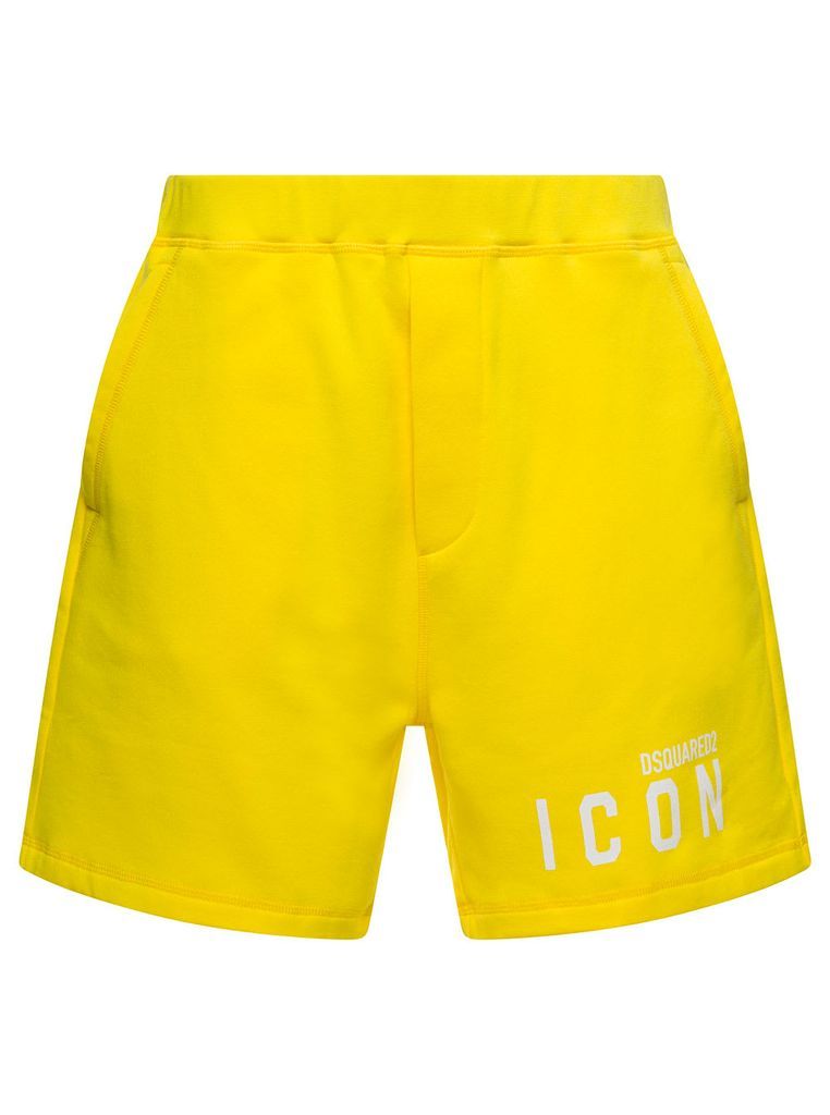 Yellow Shorts With Contrasting Logo Print In Cotton Man