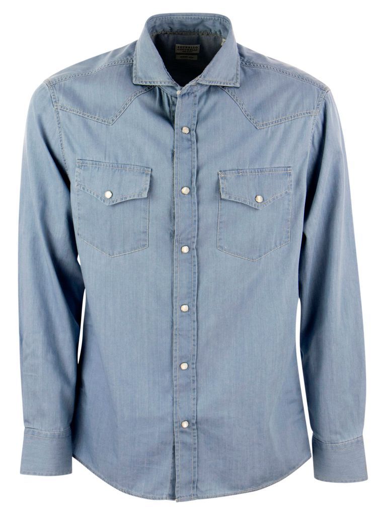 Lightweight Denim Leisure Fit Shirt With Press Studs, Epaulettes And Pockets