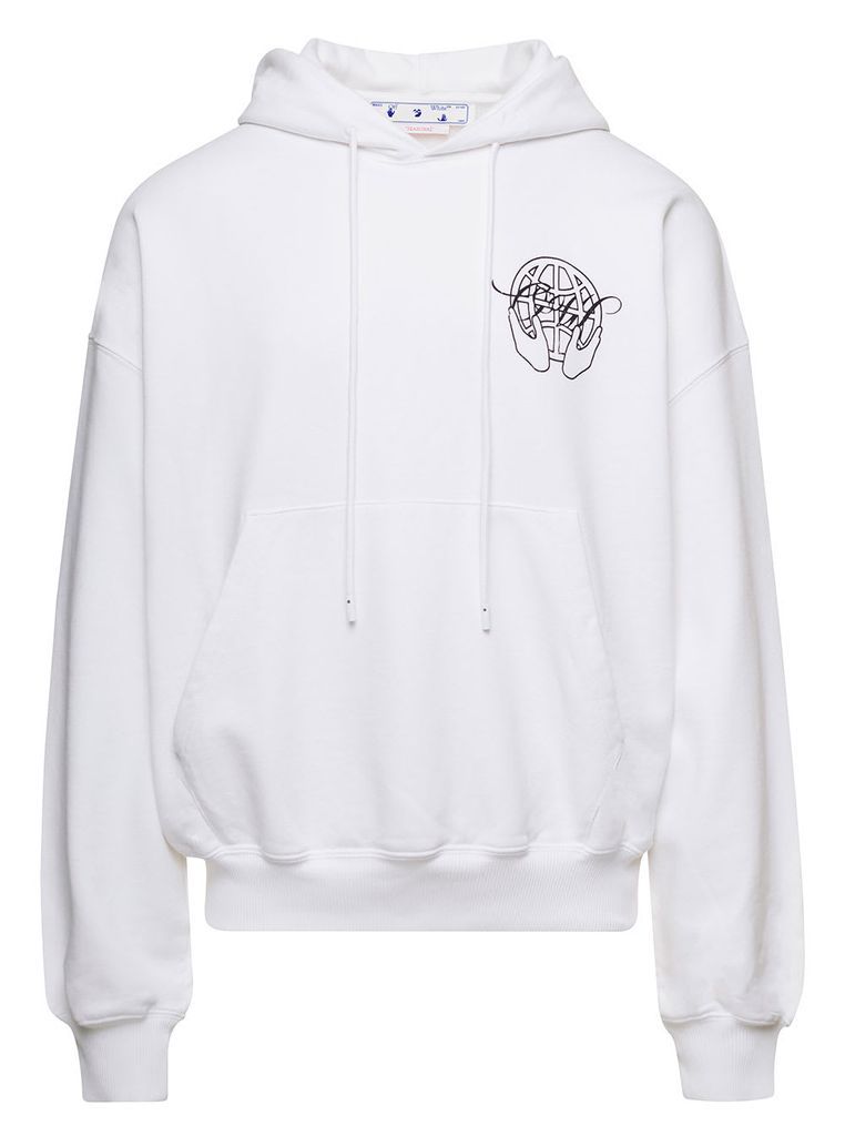 White Relaxed Hoodie With Hand Arrow Motif In Cotton Man