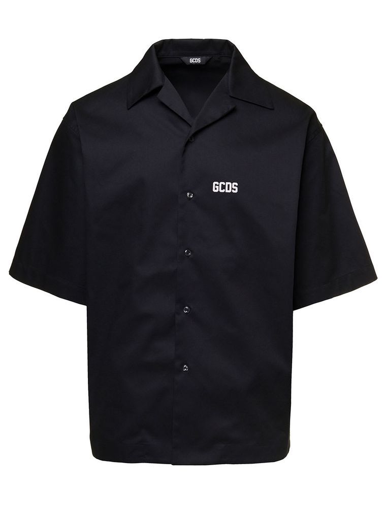 Black Short Sleeves Shirt With Contrasting Logo Print In Cotton Blend Man