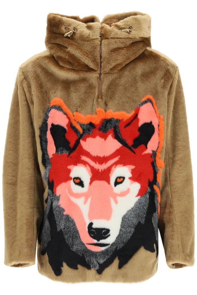 Faux Fur Anorak With Wolf