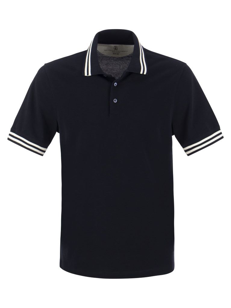 Slim Fit Cotton Piqué Polo Shirt With Striped Knit Details