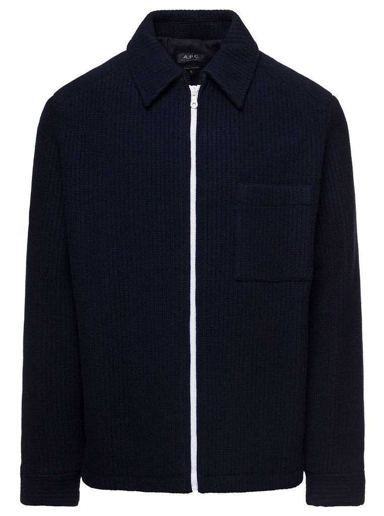 Blue Ribbed Jacket With Contrasting Zip In Wool Blend Man
