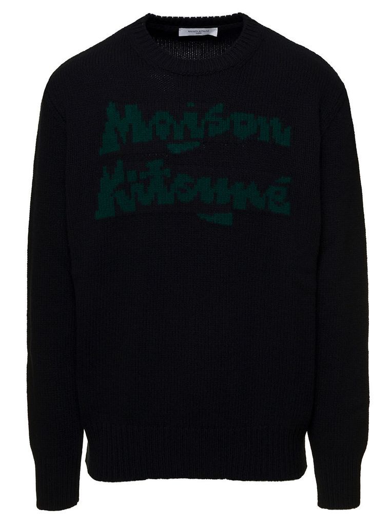 Black Jacquard Lettering Sweater In Wool Man Maison Kitsune
