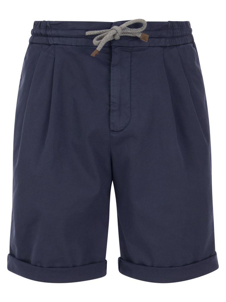 Basic Fit Cotton Gabardine Bermuda Shorts With Drawstring And Darts