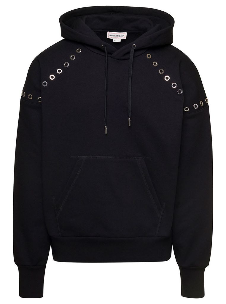 Black Hoodie With Eyelet Details In Cotton Man
