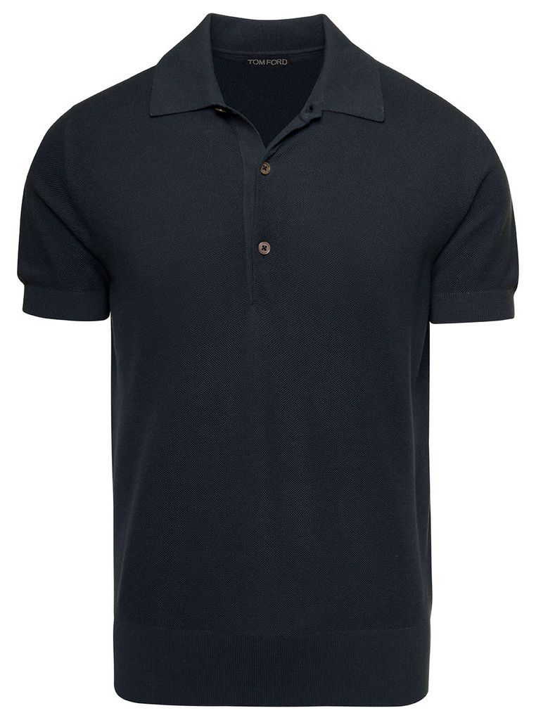 Blue Piquet Polo With Collar And Short Sleeves In Silk Blend Man