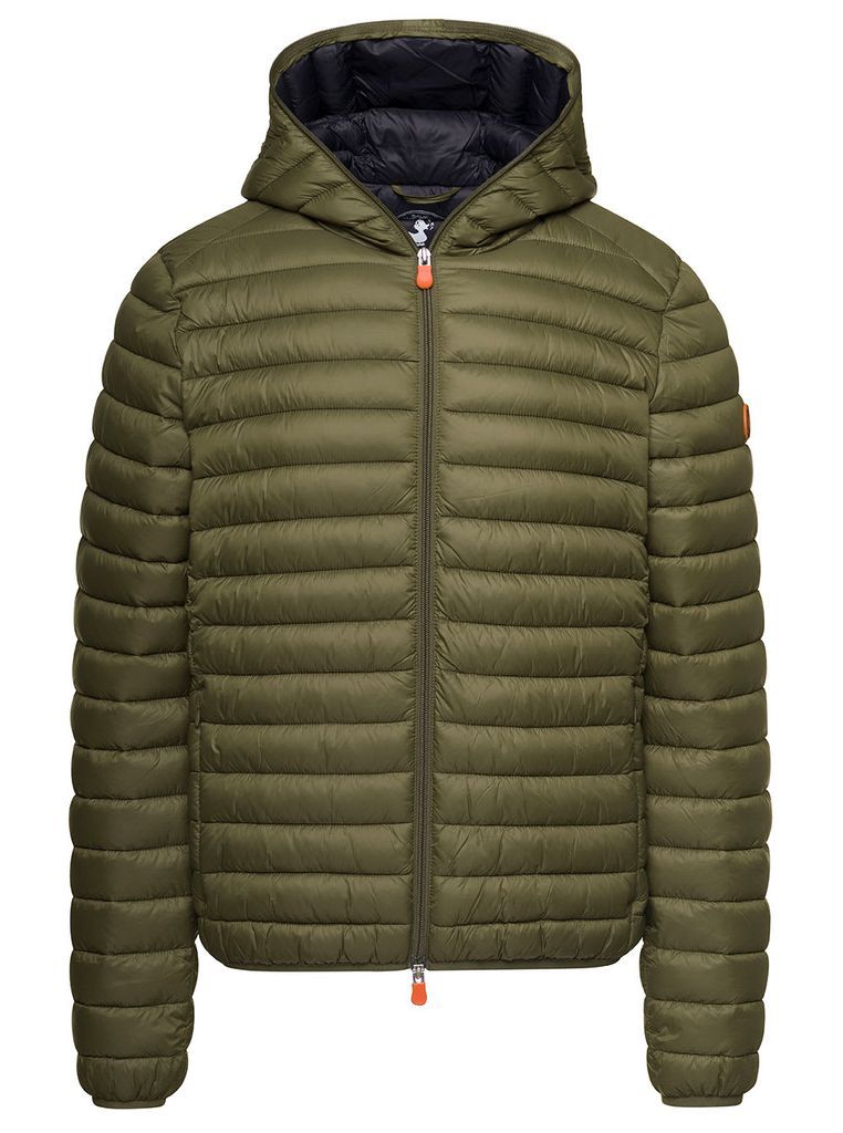 Green Hooded Puffer Jacket With Logo And Zip Fastening In Nylon Man