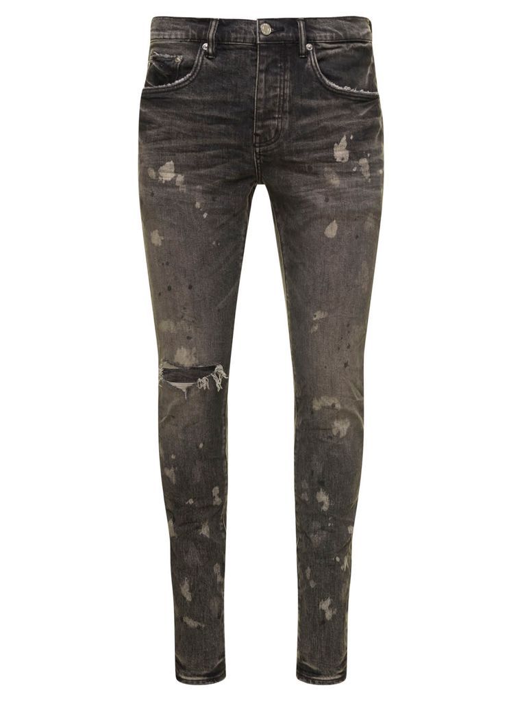 Black Skinny Ripped Jeans With Paint Stains In Cotton Denim Purple Brand