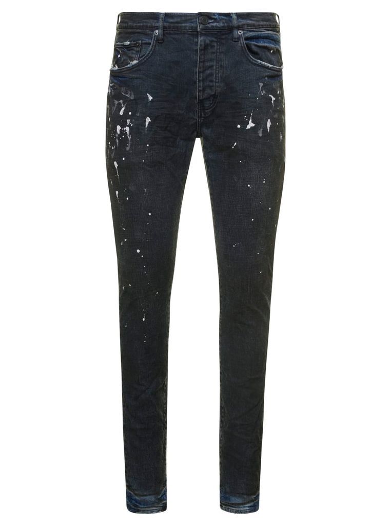 Dark Blue Skinny Jeans With Paint Stains In Cotton Denim Man Purple Brand