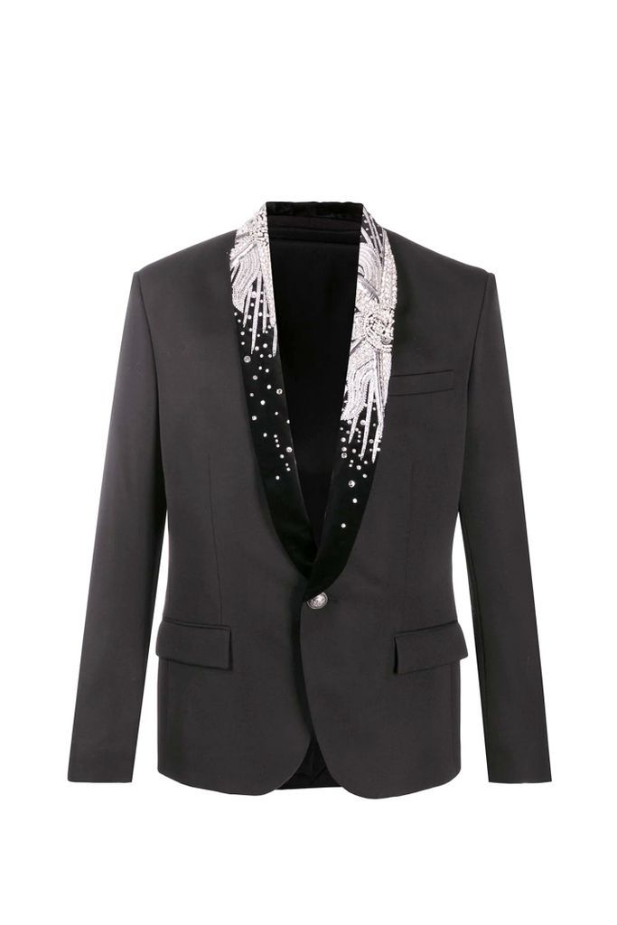 Black Wool Blazer With Embroidered Collar