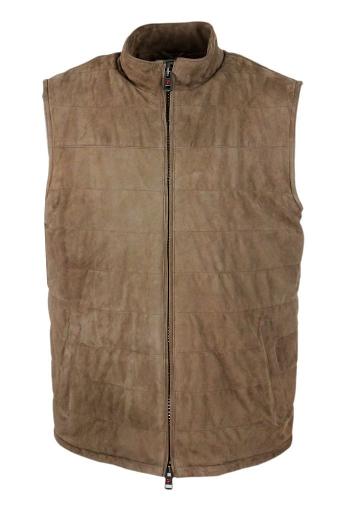 Lightly Padded Soft Suede Sleeveless Gilet With Zip Closure