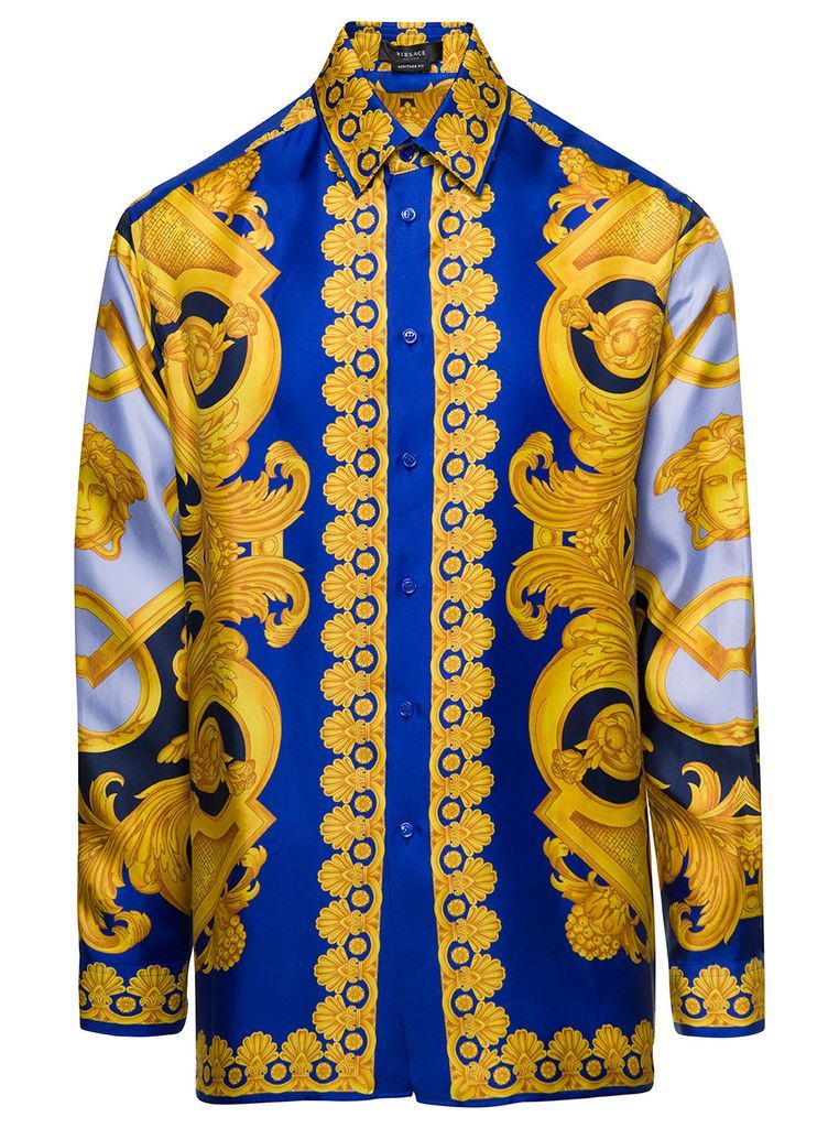 Blue Shirt With Classic Collar And Barocco Print In Silk Man