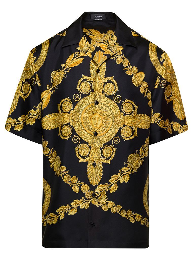 Black Bowling Shirt With Barocco Print In Silk Man