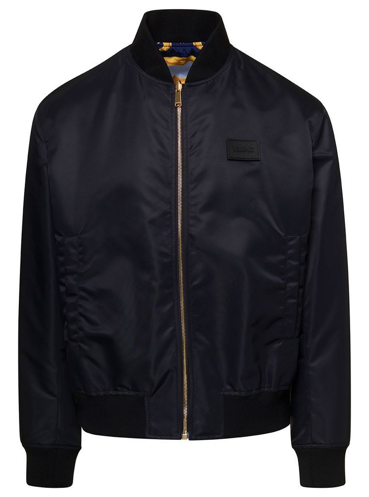 Black Reversible Bomber Jacket With Barocco Print In Nylon Man