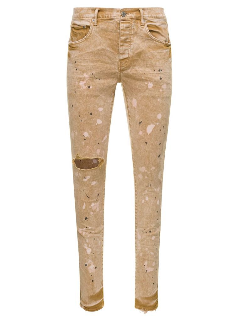 Beige Skinny Ripped Jeans With Paint Stains In Cotton Denim Purple Brand