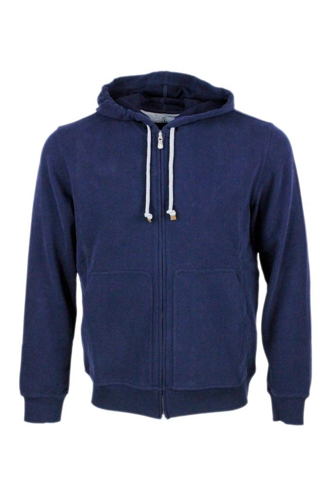 Cotton Sweatshirt With Zip And Hood With Cuffs And Bottom In Ribbed Knit